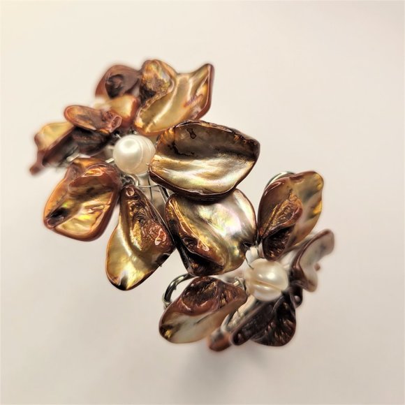 Golden Brown Cuff Bracelet with Freshwater Pearls and Mother Of Pearl - NEW - Picture 4 of 15